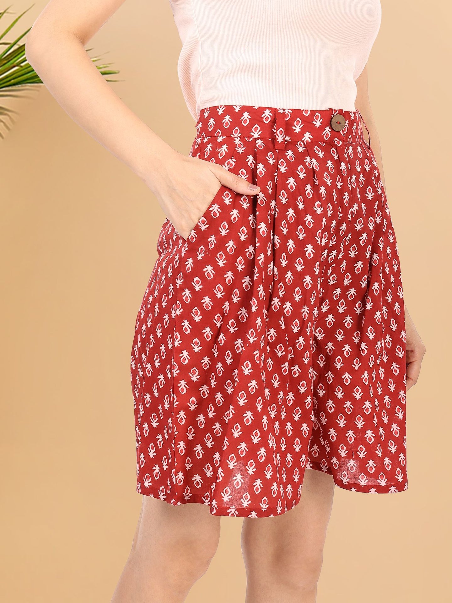 Red Hand Block Printed Cotton Shorts